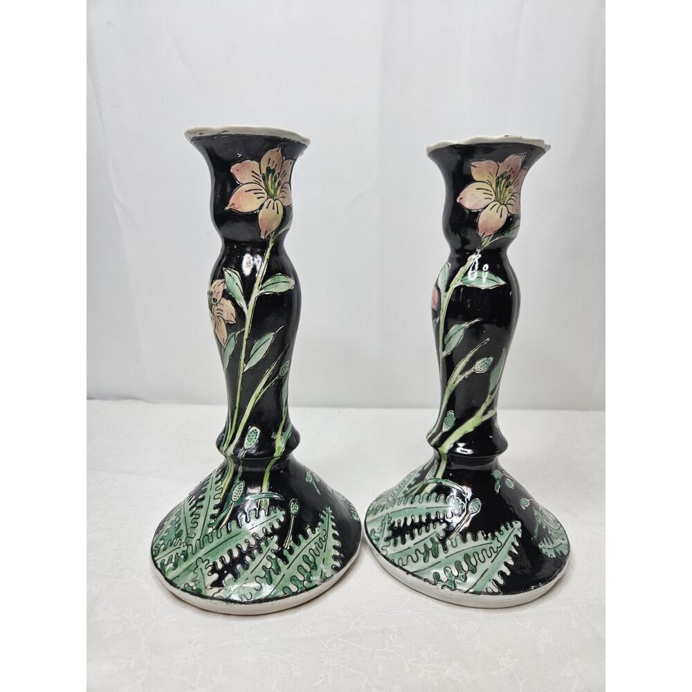 Vintage Porcelain Floral Candle Stick Holders Hand Painted in Macau 80s Black